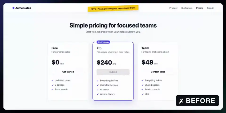 Step 5: a wipe moves across the pricing page from the grey Submit button and $240 to a blue Upgrade to Pro button at $24.