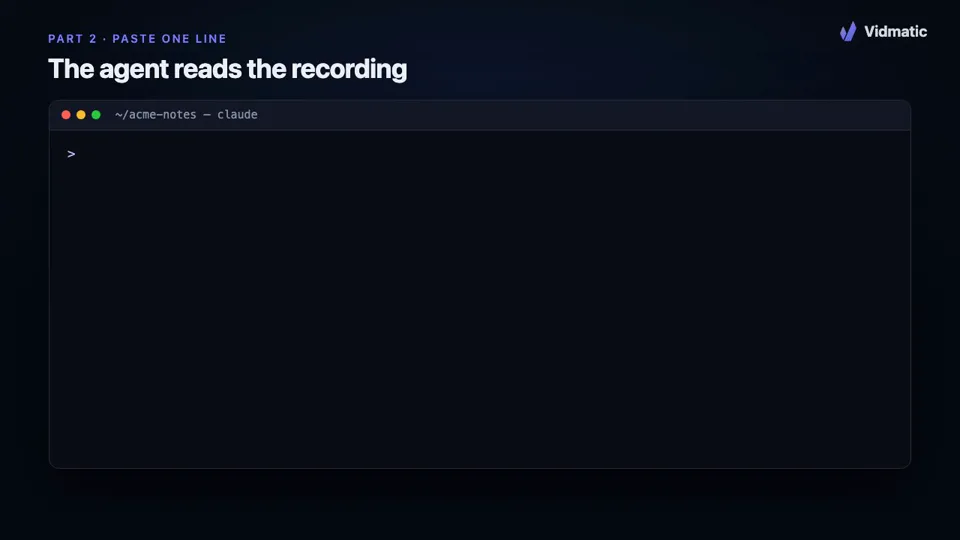 A terminal replay: the agent reads the recording's transcript and marks, then lists the asks with file and line anchors.