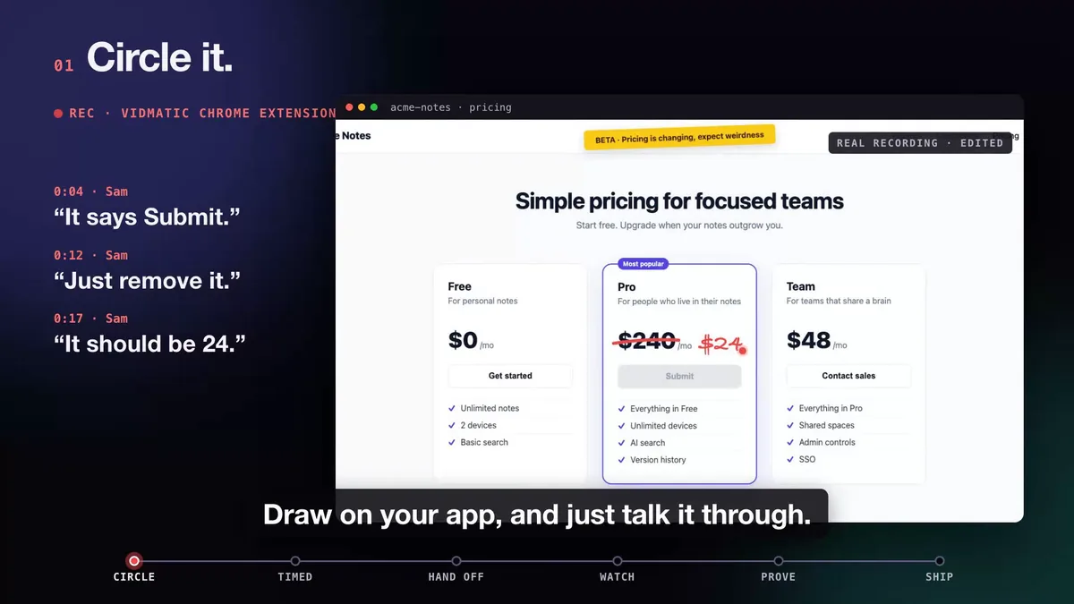 A pricing page with the grey Submit button circled and $240 crossed out to $24, beside the spoken asks.