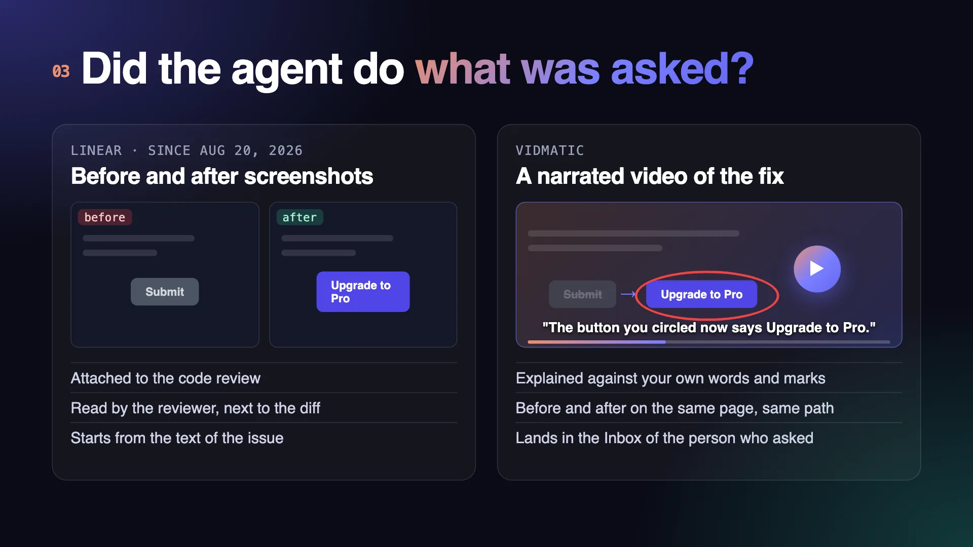 Linear attaches before and after screenshots to review; Vidmatic sends a narrated video of the fix to the asker's Inbox.